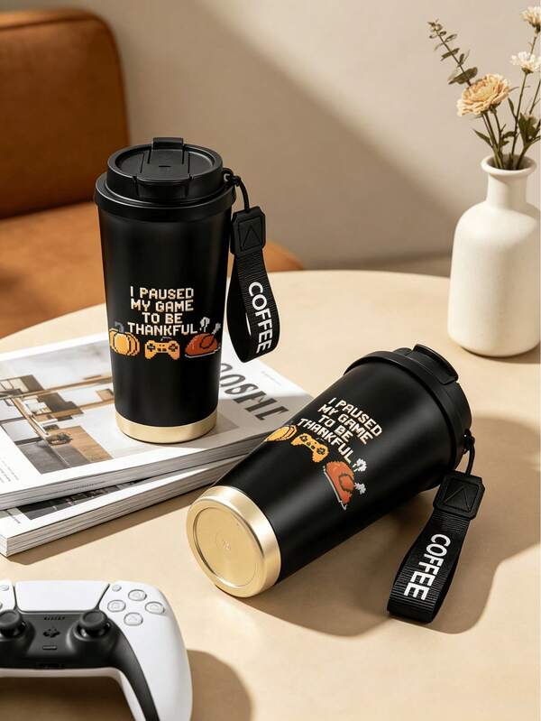 1pc/5pcs 500ml Stainless Steel Insulated Coffee Mug, Printed With Game Pumpkin Turkey Quote Pattern, With Flip Lid And "COFFEE" Handle Strap, Leak-Proof Vacuum Insulated, Long-Lasting Cold And Hot Retention, Suitable For Commuting And Travel, Exquisite Thanksgiving Gift For Gamers