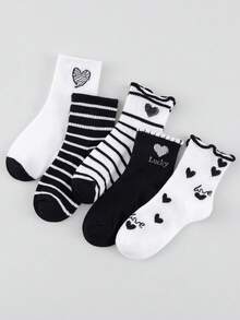 5 Pairs Women's Black & White Minimalist Striped Ruffle Edge Heart & Letter Mid-Calf Socks, Suitable For Daily Wear - Multicolor - View 5