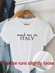 Camiseta Gr£fica "Meet Me in ITALY" para Mujer - Cuello Redondo Casual, Manga Corta, Blanca con Estampado de Letras Negras, Poli←ster Ligero para Primavera y Verano, Ropa de Declaracin p - Blanco - Ver 2