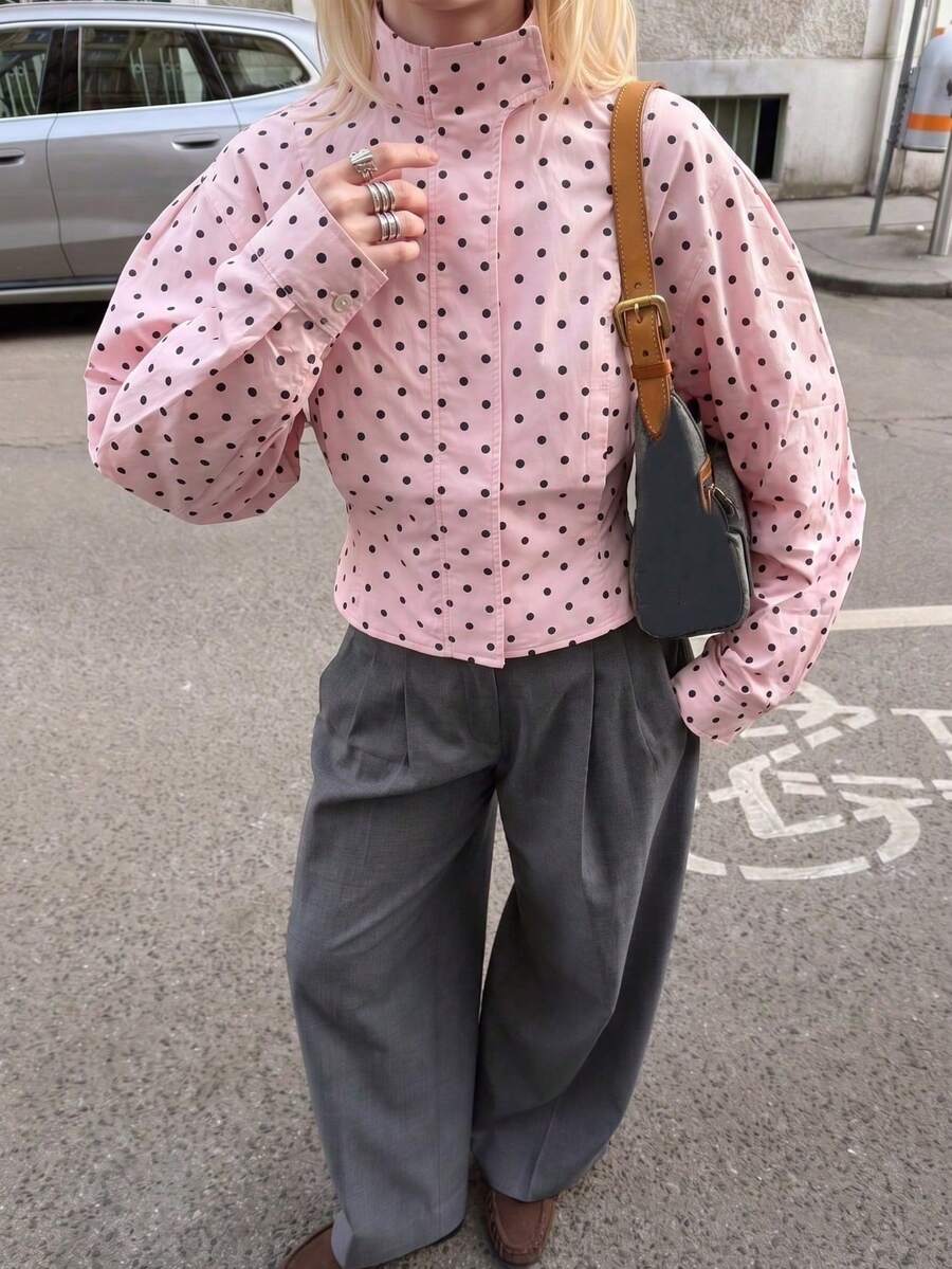 Chaqueta de primavera con cuello alto, estilo casual y retro, con estampado de lunares y bolsillos, para uso diario - marrón rosado - Ver 1