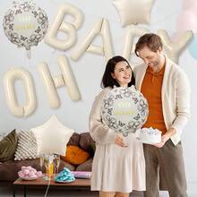 Banner de Balões Metalizados OH BABY Branco Creme, Decoração Neutra para Chá de Bebé, Balões Mylar Redondos e em Forma de Estrela com Flores, Decoração de Fundo para Festa de Revelação de Género e Gravidez - Multicolorido - Ver 6