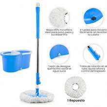 Giratorio Mágico con Cubeta Exprimidora, Cabezal de Microfibra Rotatorio 360°, Mango Telescópico Ajustable, Sistema de Limpieza Eficiente para Pisos de Madera, Cerámica, Mármol y Más (NEGRO) - Azul - Ver 3