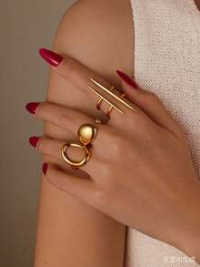 GEREIT Juego de 3 anillos de acero inoxidable chapados en oro de 18K con patrón geométrico asimétrico, adecuados para el uso diario de las mujeres - Dorado - Ver 1