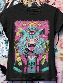 Camiseta Oversized Vintage Pastel Goth Anime _ Ropa Urbana Harajuku _ Ropa Urbana Japonesa _ Tops de Verano Estilo Grunge, , playeras de hombre, México, , ropa de hombre, camis - Negro - Ver 1