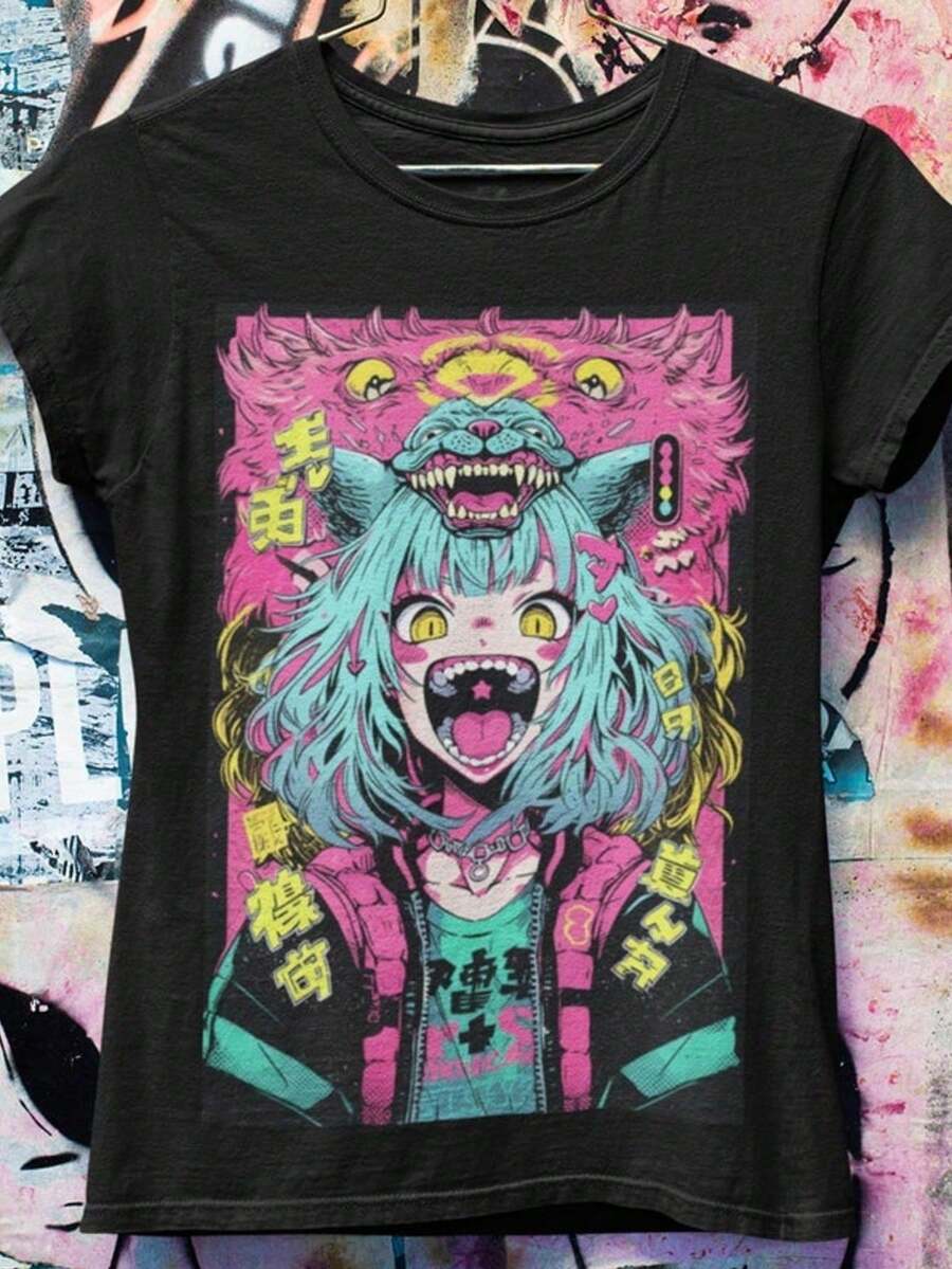 Camiseta Oversized Vintage Pastel Goth Anime _ Ropa Urbana Harajuku _ Ropa Urbana Japonesa _ Tops de Verano Estilo Grunge, , playeras de hombre, México, , ropa de hombre, camis - Negro - Ver 1