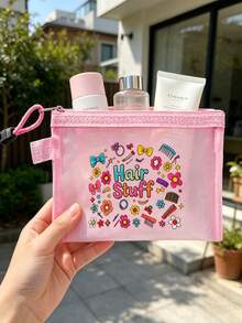 Cute Hair Stuff Cartoon Print Mesh Storage Bag, 6 Colors & Multiple Styles Available, Transparent Mesh Design For Easy Visibility Of Hair Ties, Hair Clips, Combs, Bangs Stickers And Other Hair Accessories, No Need To Search,Back To School - Multicolor - View 3