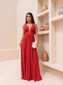 Micro Tulle Long Party Dress Simple Zipper Party Wedding - 紅陶 - 查看 1