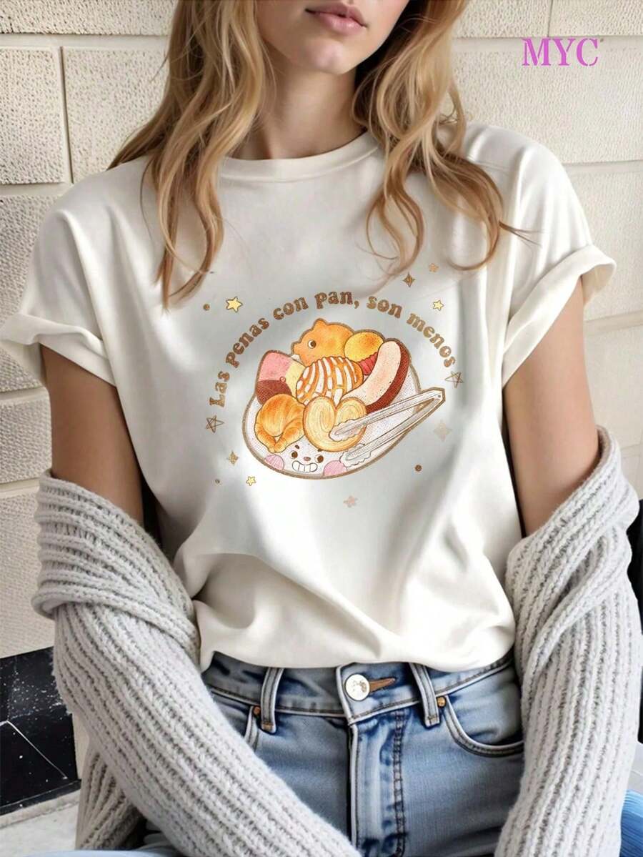 Remera con Diseño de Pan Kawaii Manga Corta Cuello Redondo Moda Juvenil Estilo Japonés Urbano Alternativo Top Aesthetic Novedad - Blanco - Ver 1