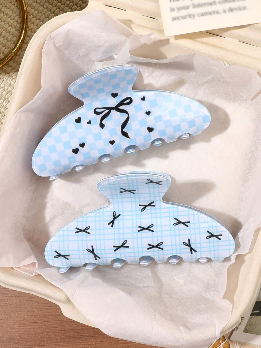 2入 Y2K 淺藍色棋盤格蝴蝶結愛心印花半圓形髮夾,半紮髮髻髮夾,後腦勺用髮夾,分髮造型夾,慵懶女孩髮飾,波希米亞溫柔田園風,柔軟質感,休閒街頭風,下午茶髮飾 - 彩色 - 查看 1