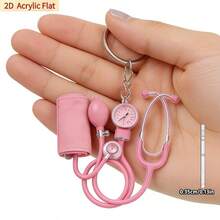 2D Flat Acrylic Keychain, Pink Stethoscope + Blood Pressure Monitor Set Design, 1pc, Medical Style Healing Pendant, Ideal Gift For Nurses, Doctors And Medical Enthusiasts, Lightweight And Gentle - Multicolor - View 1