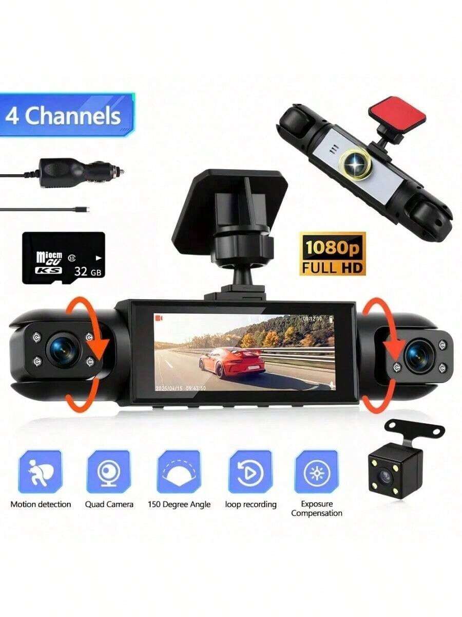 4通道汽車行車記錄器 360°全視角，1080P前後內視、左右行車記錄，附贈32GB TF卡，G-Sensor、夜視、24H停車監控模式