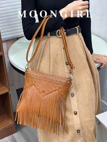 1 pieza Bolso de cubo vintage con flecos para mujer, bolso cruzado reversible con flecos - Marrón 3 - Ver 2