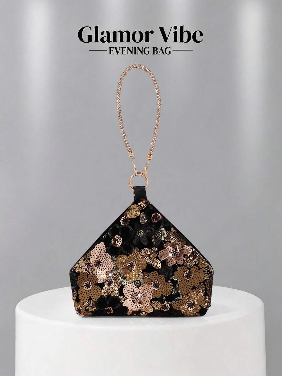 晚宴亮片手拿包，亮片刺繡工藝，3D花卉（隨機圖案），婚禮必備配件，情人節禮物，適用於婚禮、度假、畢業季、晚宴及其他正式場合，亦可作為日常穿搭的多功能配件，百搭風格
