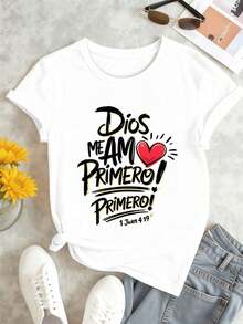Camiseta de algodón premium para mujer con frase de fe gráfica, ajuste fácil, estilo street hip-hop, cómoda, impresión llamativa, nueva llegada - Blanco - Ver 2