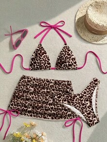 Conjunto de bikini con estampado floral, top con lazo en el cuello y falda pareo, estilo vacacional de playa para mujer - Multicolor 21 - Ver 1
