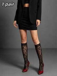 1/2/3 Pairs Women's Lace Floral Calf Socks, Hollow Flower Fishnet Knee-High Mid-Calf Socks, Vintage Sheer Mesh Long Socks, Soft High-Elastic Leg-Shaping Socks, Pair With Shiny Pointed-Toe High Heels, Suitable For Dating, Nightclubs, Parties, Daily Street Wear - Black - View 12