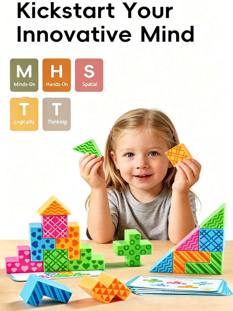 A 30-Piece Set Including 24 Building Blocks, 6 Cards And A Storage Bag. This Montessori-Style Building Block Puzzle Toy Is Designed To Promote Color Recognition, Logical Thinking And Matching Game Skills. It Is Suitable For Early Childhood Education, As A Birthday Gift And As A Back-To-School Toy - Multicolor - View 1