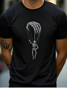 Camiseta Blanca Hombre Estampado Marioneta Esqueleto Cómoda Transpirable Uso Diario - Negro - Ver 1