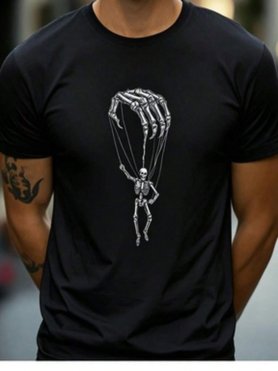 Camiseta Blanca Hombre Estampado Marioneta Esqueleto Cómoda Transpirable Uso Diario - Negro - Ver 1