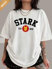 Unisex Vintage College Style 100% Cotton Graphic T-Shirt " Tony Stark EST 1970", For Superhero Fans. - 白色 - 查看 1