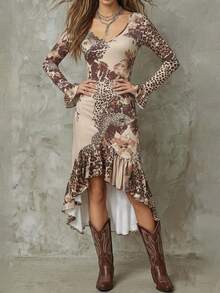Women's Vintage Western Style Long Sleeve V-Neck Fitted Midi Dress With Ruffle Hem Design - Khaki - View 3