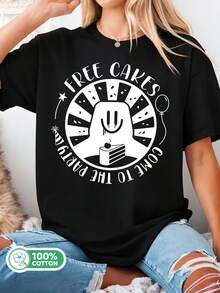 The Backrooms Free Cakes Come To The Party Creepy Print Cotton T-Shirt, Liminal Horror Casual Graphic Tee, Gift For Fans... - 黑色 - 查看 1