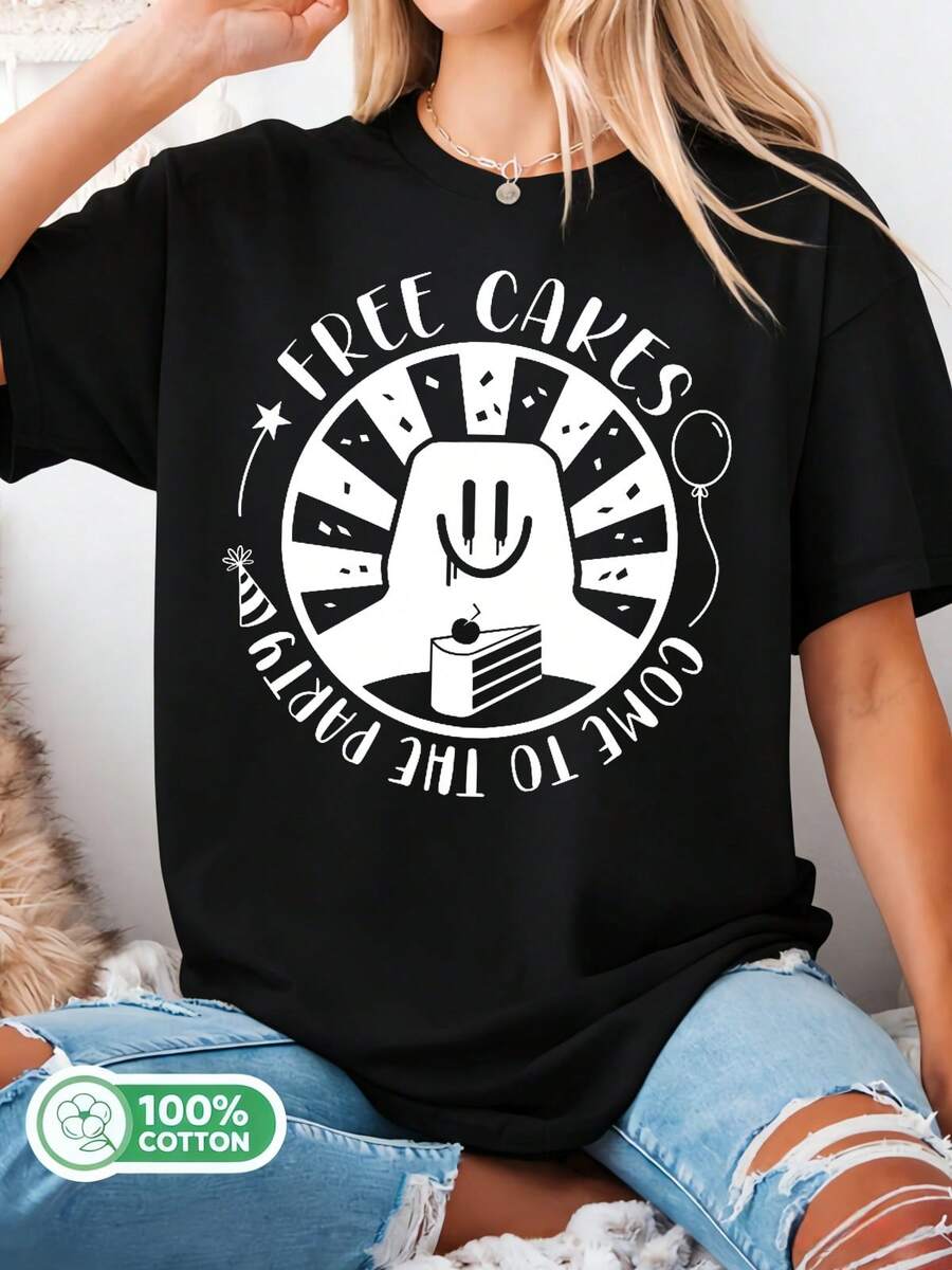 The Backrooms Free Cakes Come To The Party Creepy Print Cotton T-Shirt, Liminal Horror Casual Graphic Tee, Gift For Fans... - 黑色 - 查看 1