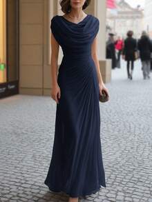 Vestido largo plisado con cuello drapeado, elegante y ajustado, estilo europeo y americano 2026 - Rojo - Ver 11