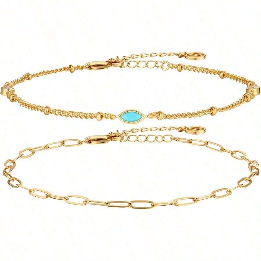 Tobilleras para Mujer de Oro de con Ópalo Marquise, Tobilleras en Capas que No se Deslustran, Joyeríde Playa de Verano, Regalo - Oro - Ver 1
