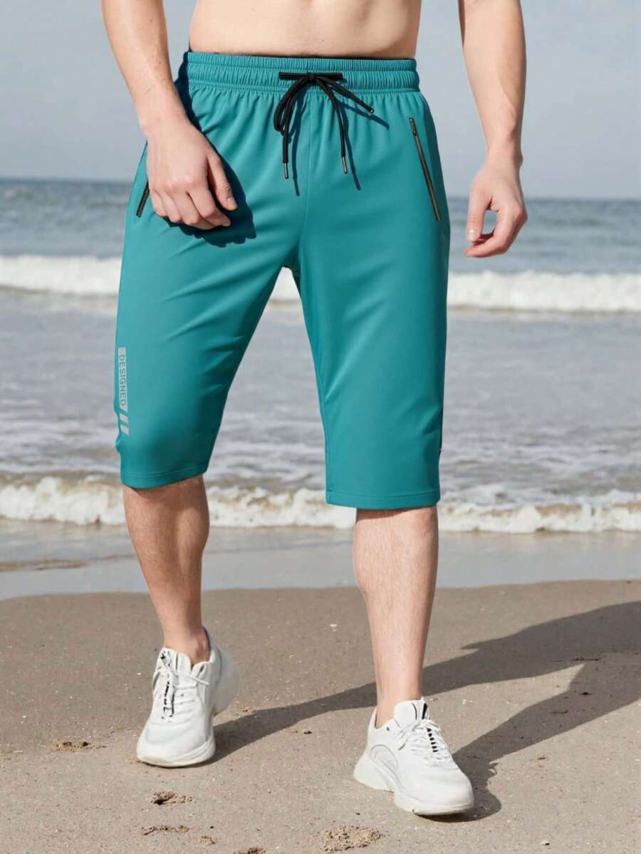 夏季男士休閒運動慢跑七分褲,附腰部抽繩與拉鍊口袋 - 薄荷藍 - 查看 1