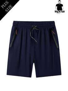 Plus Size Men's Shorts, Summer Elastic Straight Leg 5-Inch Pants, Solid Color, Zipper Pockets, Drawstring, Lightweight, For Sports, Running, Fitness - Blue - View 4