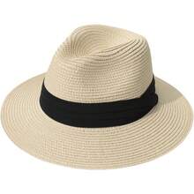Sombrero de paja de ala ancha para mujer Lanzom, estilo Panamá, enrollable, para playa, con protección solar UPF50+ - Rojo - Ver 1