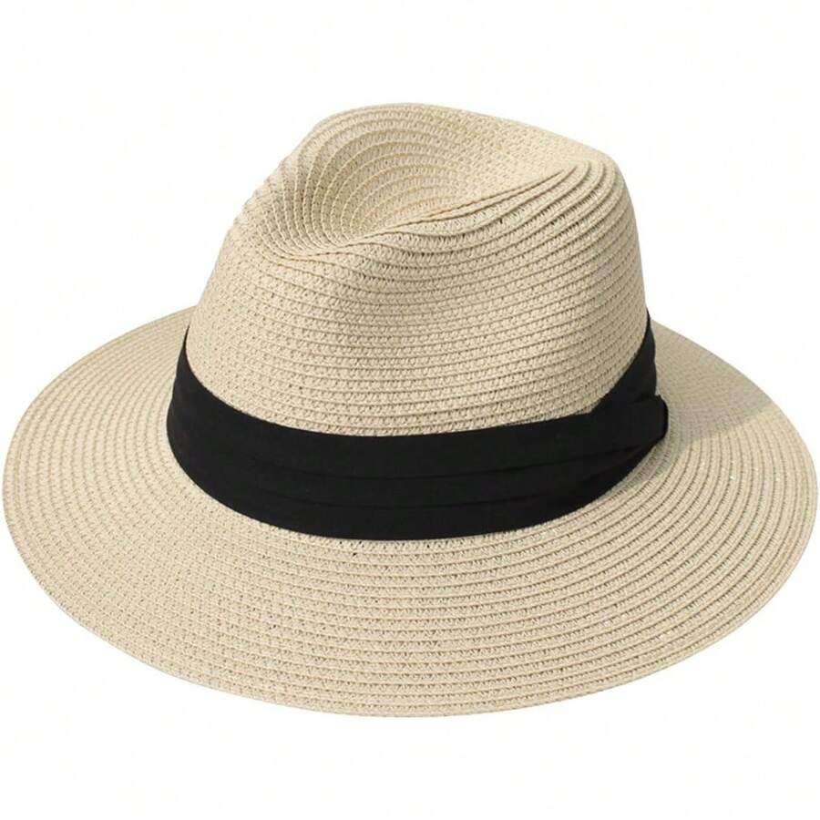 Sombrero de paja de ala ancha para mujer Lanzom, estilo Panamá, enrollable, para playa, con protección solar UPF50+ - Rojo - Ver 1