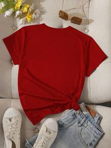 SHENDY VENDY Women's T-Shirt, 100% Cotton, Short Sleeves, Round Neck, Soft And Comfortable. Botanical Design With A Floral Crescent Moon, Natural And Elegant Style. - 紅色 - 查看 3