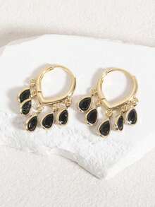 Par de Pendientes de Aro Pequeños de Lujo, Elegantes, Brillantes, Versátiles y de Alta Calidad, en Oro, Plata, Rosa, Coloridos, Melocotó, Forma de Gota de Agua y Corazó, conúltiples Ci - Negro - Ver 7