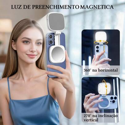 Mini luz selfie magnética dobrável com espelho integrado, ajuste angular flexível, iluminação LED regulável. Fixação magnética forte, leve para bolsos, compatível com todos celulares, perfeita para criadores de conteúdo, maquiagem, gravação de vídeos e fotos externas, bateria recarregável via USB-C.
