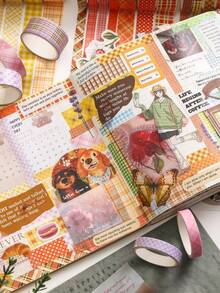 7rolls Vintage Grid Plaid Washi Tape Set, Grid Pattern Hand-Tearable Tape, For Journal Decoration, Gift Wrapping, Photo Album And Handmade DIY Crafts - Multicolor - View 5