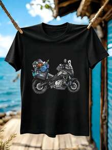 T-shirt graphique de motard aventurier, tissu de haute qualité, col rond, coupe confortable, style street hip-hop - Noir - Voir 2