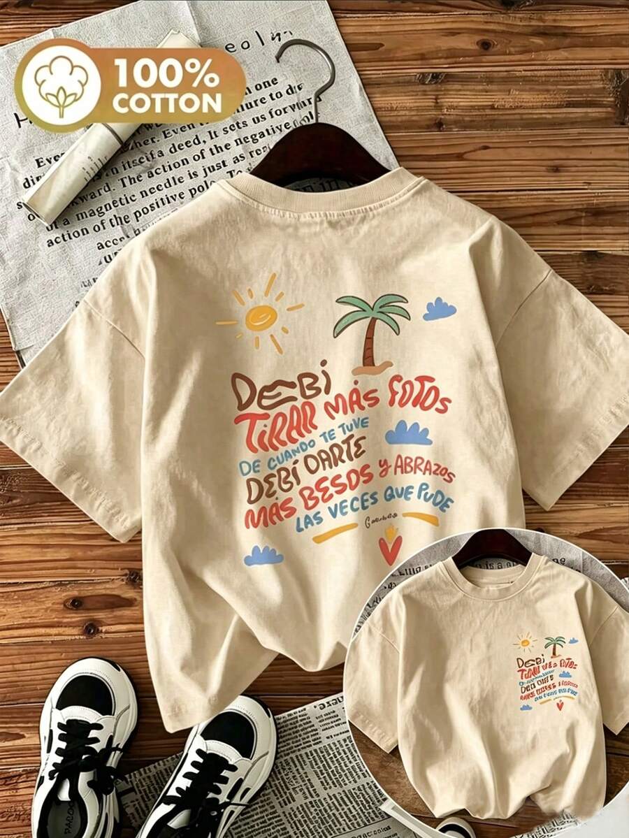 Fashionable Women's Autumn T-Shirt, Unique Spanish Quote Print, Short Cropped Drop Shoulder, Ribbed Knit Crew Neck, Suitable For Party Or Casual Wear