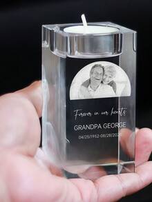 1pc Custom Laser Engraved Square Crystal Candle Holder, Personalized Upload Photo & Text Memorial Keepsake Tealight Holder, Funeral Condolence Gift For Family Grandparent, Desktop Home Decor. - Multicolor - View 6