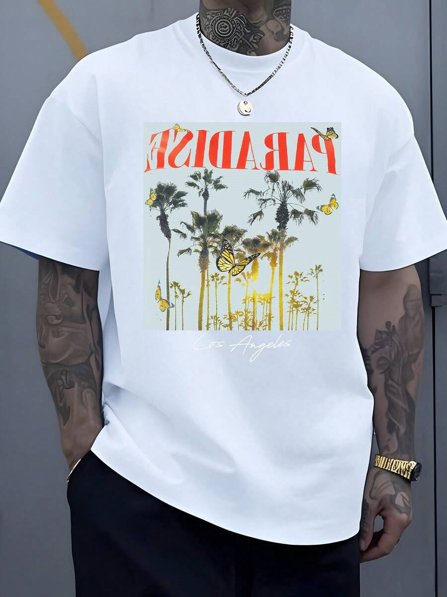 Palmeras soleadas con mariposas amarillas simbolizan libertad veraniega junto a Los Angeles en esta fresca camiseta de hombre casual urbana - Blanco - Ver 1