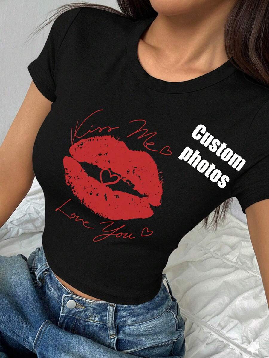 可客製化女款短袖短版 T-shirt,自訂印花-可加入文字與照片設計 Y2K 風格 T-shirt,運動風,黑色,夏季 - 黑色 - 查看 1