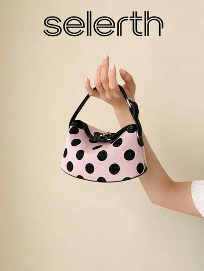 1pc Solid Color Fabric Elegant Fresh Sweet Polka Dot Pattern Contrast Quilted Comfortable Handle Twist Lock Lightweight Crossbody Hand-Carry Box Bag, Suitable For Spring/Summer New Matching, Ideal For School, Travel, Shopping, Dating, Gifting, Suitable For Women, Teenage Girls, Female College Students, Beginners And White-Collar Workers, Perfect For Office, University, Work, Business, Commuting, Outdoor, Travel, Outings, Portable