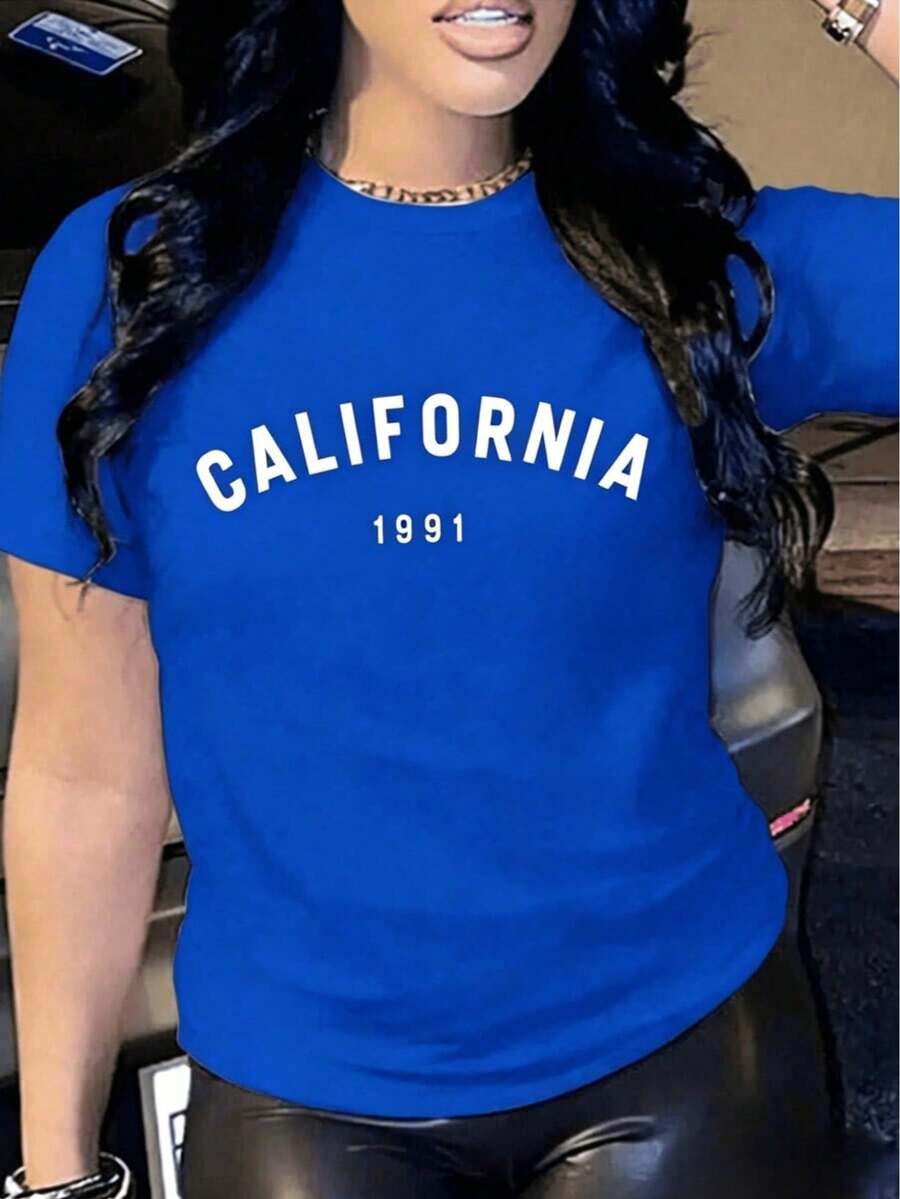 Soft | 1 Women's T-Shirt 100% Breathable Cotton | Casual Loose Fit Short Sleeve Crew Neck T-Shirt For Women With "CALIFORNIA 1991" Print - 藍色 - 查看 1
