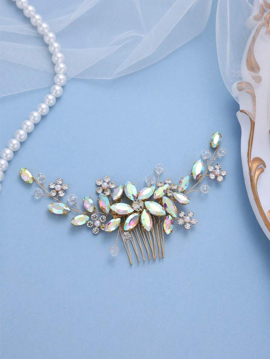 1pc Women's Colorful Rhinestone & Faux Pearl Hair Comb, Elegant Floral Bridal Hair Accessory For Wedding, Prom And Party - Color - View 1