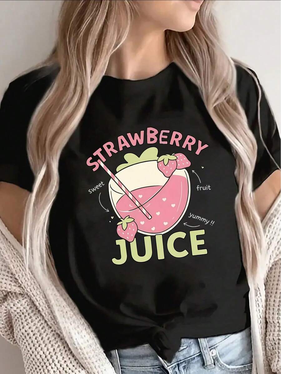 1 Short-Sleeved T-Shirt, Lightweight And Durable, Designed With A Strawberry Juice Print, Is Perfect For Casual Women's Wear, Suitable For Home, Cafes Or Outdoor Activities. - 黑色 - 查看 1
