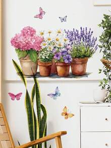 1pc Watercolor Potted Flower Butterfly Wall Sticker, Ins Pastoral Style Lavender Hydrangea Daisy Floral Art Self-Adhesive Paper, Waterproof Oil-Proof Removable No Residue No Damage To Wall, DIY Free Combination, Kitchen Cabinet Living Room Bedroom Rental Apartment Cabinet Door Blank Wall Surface Renovation Fresh Healing Home Decor Sticker - Wall Stickers - View 13