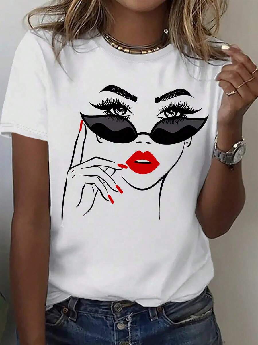 Women's Short Sleeve T-Shirt With Red Lips And Fashion Glasses Print - Casual Summer Blouse With Round Neck, Short Sleeve Top, Machine Washable Casual Clothing, Sets - 白色 - 查看 1