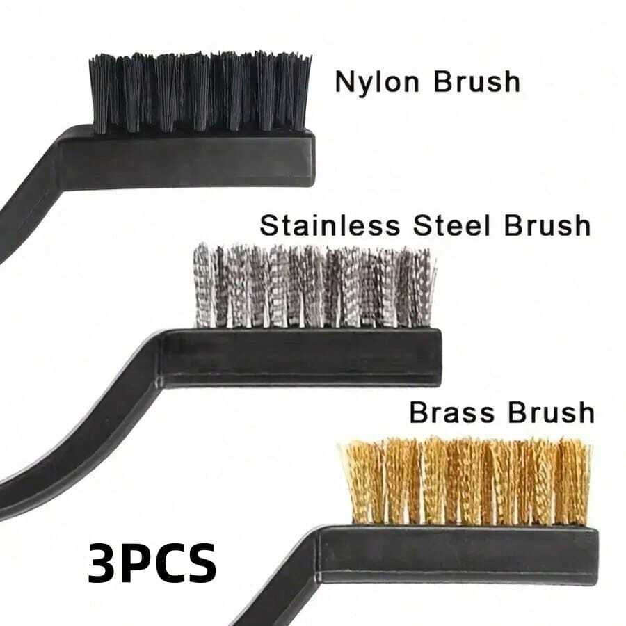 Juego de 3 cepillos de alambre profesionales perfectos para limpieza, soldadura, descalcificación y eliminación de óxido - Cepillos de acero inoxidable, latón y nailon - 3 piezas - Ver 1