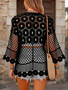 Cárdigan de croché calado, top versátil de cuello redondo y media manga, nueva camisa con protección solar, adecuada para primavera y verano - Negro - Ver 3